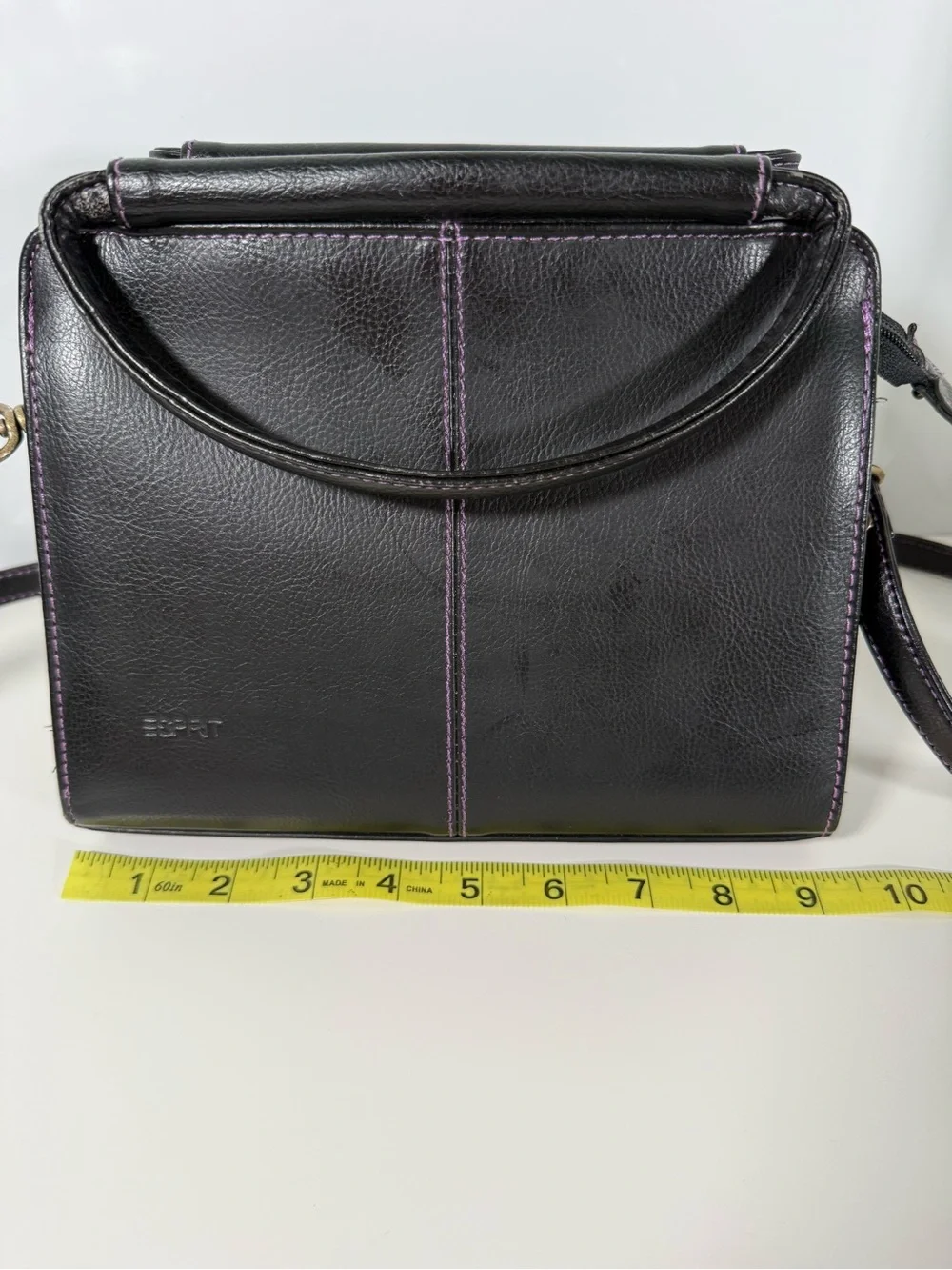 Vintage Esprit Black Top Handle Crossbody Purse with Purple Contrast Stitching